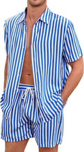 Load image into Gallery viewer, Men&#39;s Black &amp; White Striped Vintage Style Short Sleeve Shirt &amp; Shorts Set