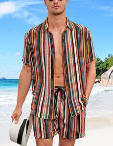 Men's Black & White Striped Vintage Style Short Sleeve Shirt & Shorts Set