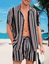 Load image into Gallery viewer, Men&#39;s Black &amp; White Striped Vintage Style Short Sleeve Shirt &amp; Shorts Set