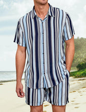 Load image into Gallery viewer, Men&#39;s Black &amp; White Striped Vintage Style Short Sleeve Shirt &amp; Shorts Set