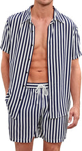 Load image into Gallery viewer, Men&#39;s Black &amp; White Striped Vintage Style Short Sleeve Shirt &amp; Shorts Set