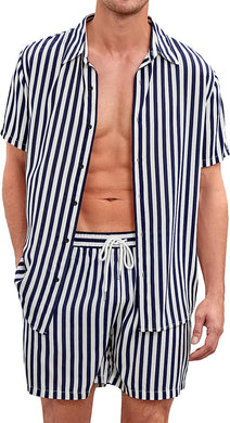 Men's Black & White Striped Vintage Style Short Sleeve Shirt & Shorts Set