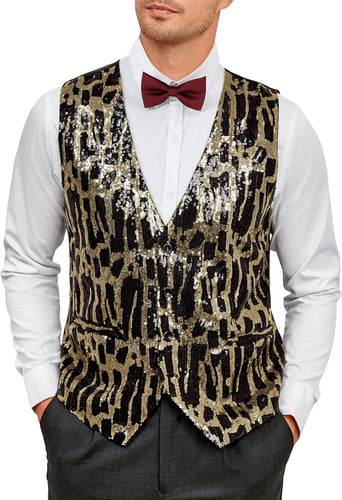 Men's Gold Shining Sequin Printed Formal Sleeveless Vest