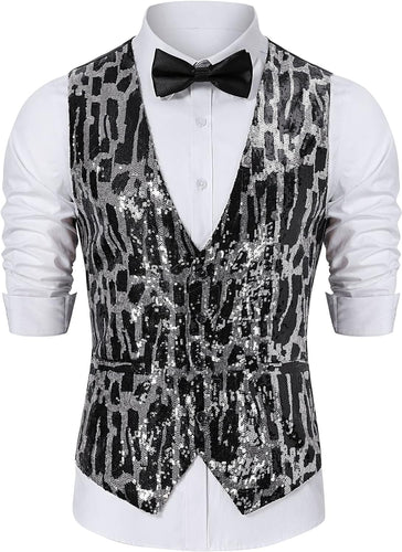 Men's Silver Shining Sequin Printed Formal Sleeveless Vest