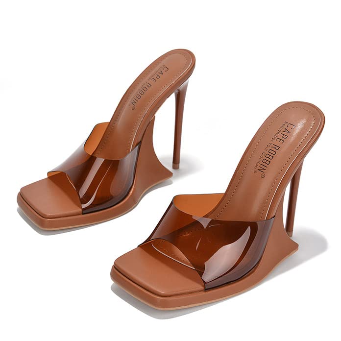 Brown Exotic Open Toe Mule Heels