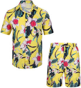 Men's Orange Beige Print Shirt & Shorts Set