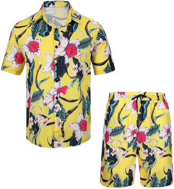 Men's Yellow Tropical Print Shirt & Shorts Set