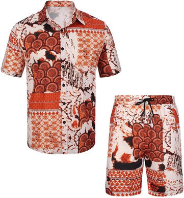 Men's Orange Beige Print Shirt & Shorts Set