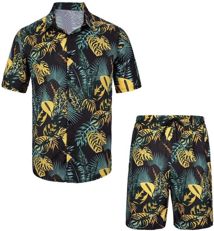 Men's Black & Yellow Tropical Print Shirt & Shorts Set