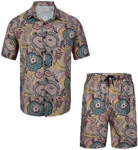 Men's Orange Beige Print Shirt & Shorts Set