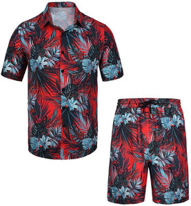 Men's Purple Red Print Short Sleeve Shirt & Shorts Set