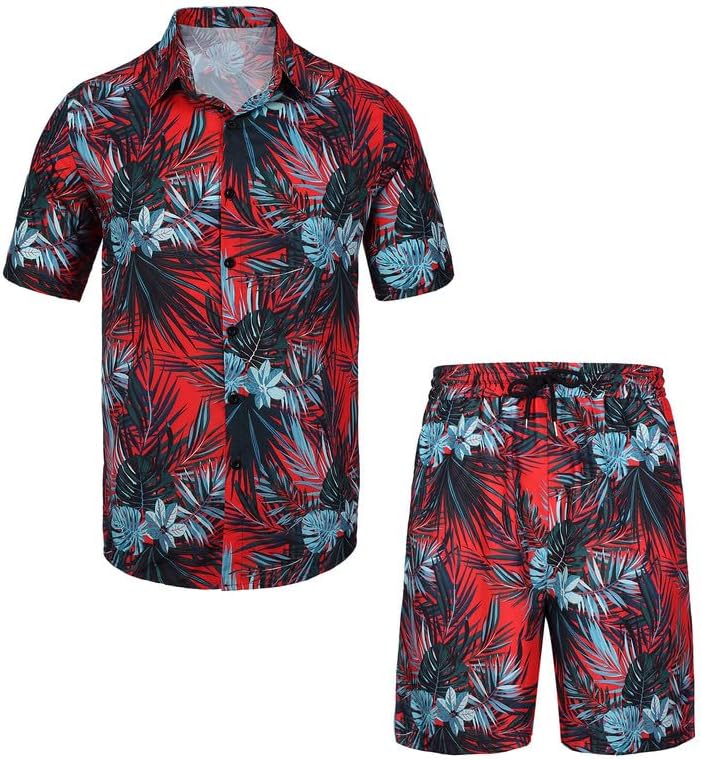 Men's Black & Red Floral Print Shirt & Shorts Set