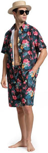 Men's Black & Red Floral Print Shirt & Shorts Set