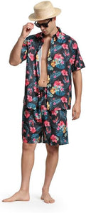 Men's Black & Red Floral Print Shirt & Shorts Set