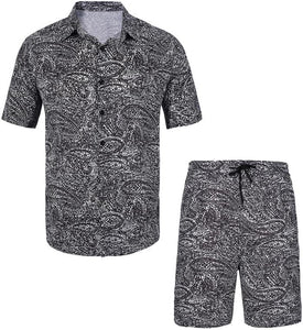 Men's Black & Red Floral Print Shirt & Shorts Set