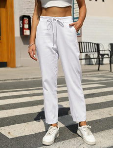 Casual Summer White Linen Drawstring Pants