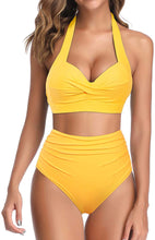 Load image into Gallery viewer, Vintage Style Halter Yellow Sunflower Ruched High Waist 2pc Bikini Swimsuit
