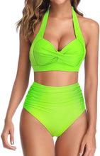 Load image into Gallery viewer, Vintage Style Halter Lime Green Polkadot Ruched High Waist 2pc Bikini Swimsuit
