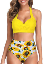 Load image into Gallery viewer, Vintage Style Halter Yellow Sunflower Ruched High Waist 2pc Bikini Swimsuit