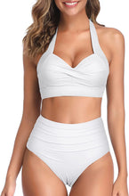 Load image into Gallery viewer, Vintage Style Halter White Ruched High Waist 2pc Bikini Swimsuit