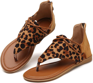 Vintage Style Suede Leopard Gladiator Summer Flat Sandals