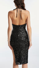 Load image into Gallery viewer, Sequined Halter Black Cocktail High Slit Dress
