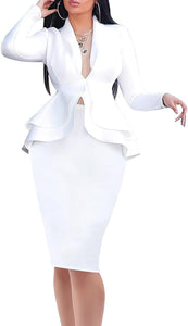 Women's White Long Sleeve Peplum Ruffle Blazer & Skirt Set