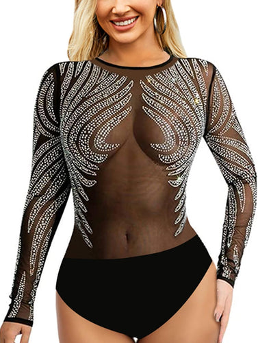 Silver Rhinestone Mesh Black Long Sleeve Bodysuit