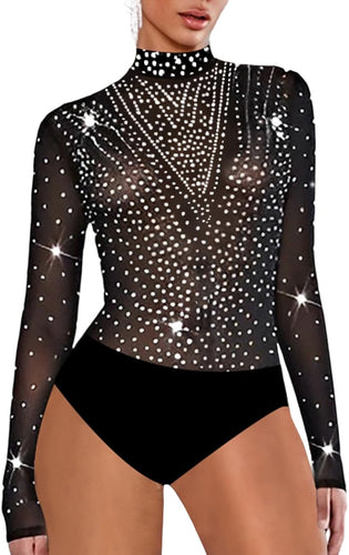 Rhinestone Mesh Black Long Sleeve Bodysuit