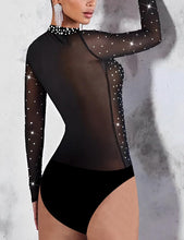 Load image into Gallery viewer, Rhinestone Mesh Black Long Sleeve Bodysuit