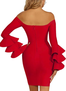 Ruffled Red Sleeve Off Shoulder Long Sleeve Mini Dress