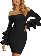 Load image into Gallery viewer, Ruffled Black Sleeve Off Shoulder Long Sleeve Mini Dress