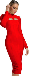 Pretty Red Bandage Style Long Sleeve Midi Dress