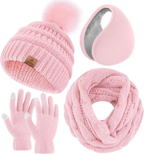 Winter Knit Beige Beanie Hat, Scarf, Ear Muff & Gloves Set