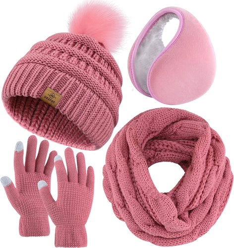 Winter Knit Mauve Pink Beanie Hat, Scarf, Ear Muff & Gloves Set