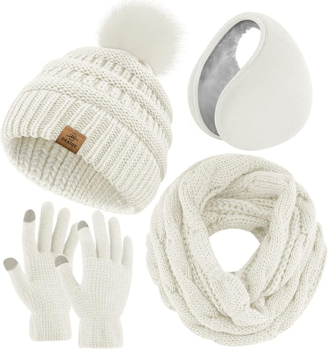 Winter Knit White Beanie Hat, Scarf, Ear Muff & Gloves Set