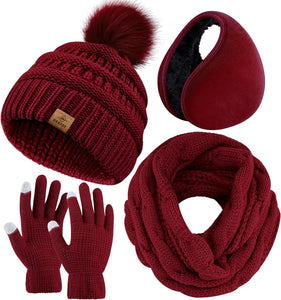 Winter Knit Hot Pink Beanie Hat, Scarf, Ear Muff & Gloves Set