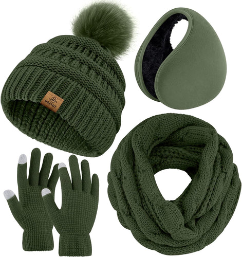 Winter Knit Olive Green Beanie Hat, Scarf, Ear Muff & Gloves Set