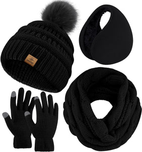 Winter Knit Khaki Beanie Hat, Scarf, Ear Muff & Gloves Set