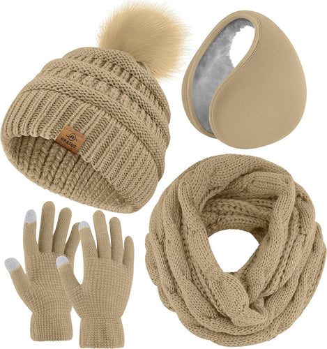 Winter Knit Khaki Beanie Hat, Scarf, Ear Muff & Gloves Set