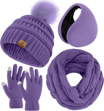 Load image into Gallery viewer, Winter Knit Gray Beanie Hat, Scarf, Ear Muff &amp; Gloves Set