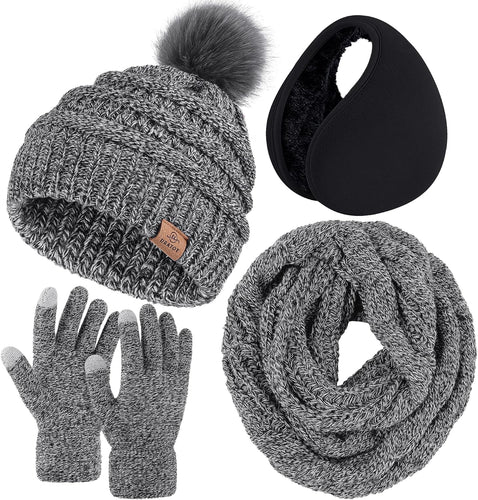 Winter Knit Gray Beanie Hat, Scarf, Ear Muff & Gloves Set