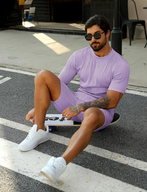 Men's Wavy Textured Purple Short Sleeve Shirt & Shorts Set