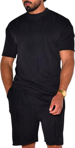 Men's Wavy Textured Black Short Sleeve Shirt & Shorts Set