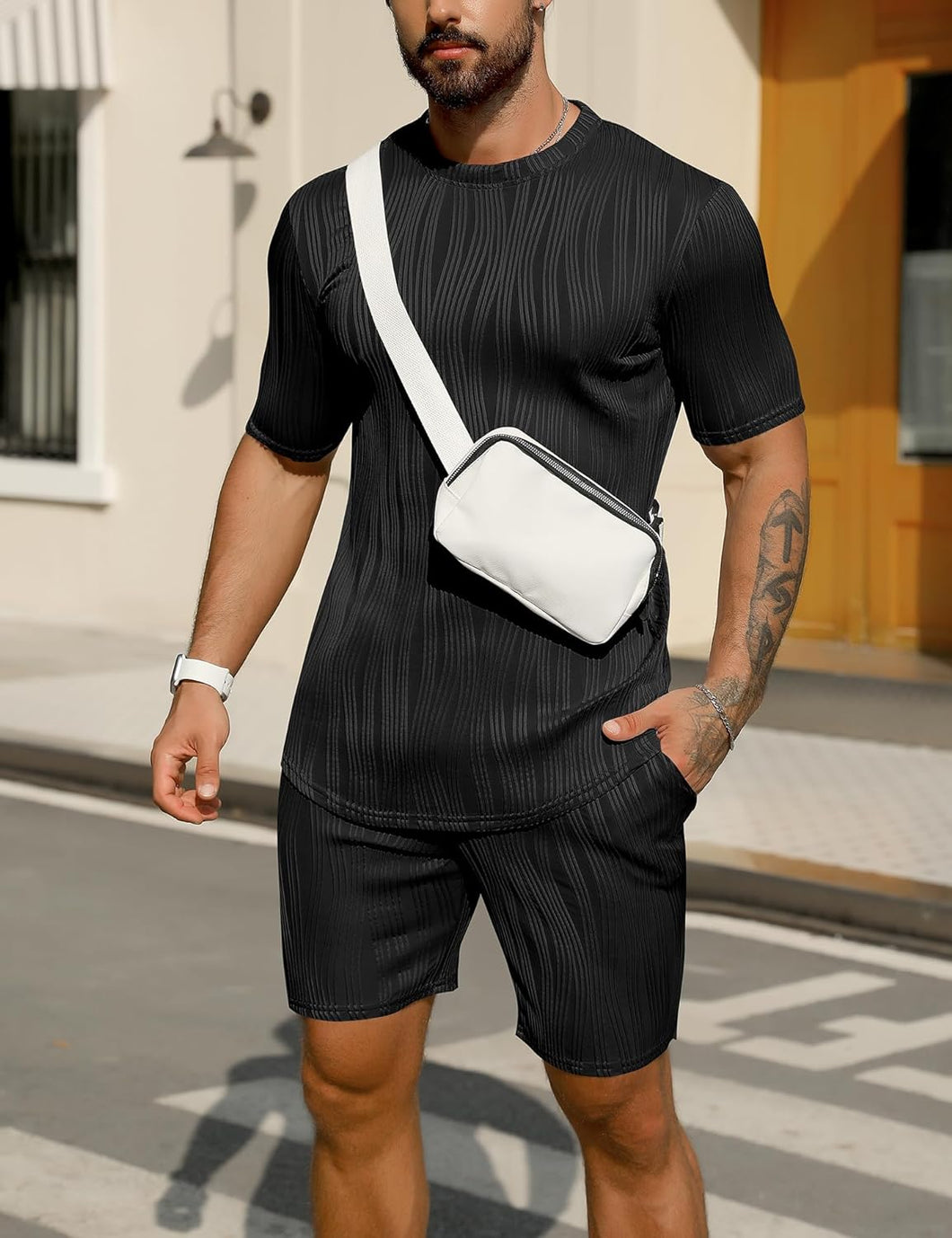 Men's Wavy Textured Black Short Sleeve Shirt & Shorts Set