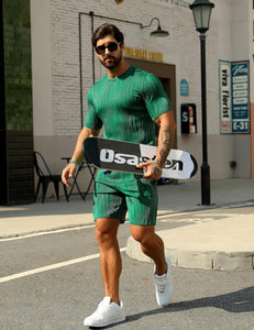 Men's Wavy Textured Green Short Sleeve Shirt & Shorts Set