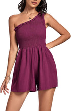 Load image into Gallery viewer, One Shoulder Merlot Smocked Casual Shorts Romper
