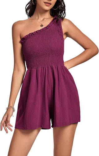 One Shoulder Merlot Smocked Casual Shorts Romper