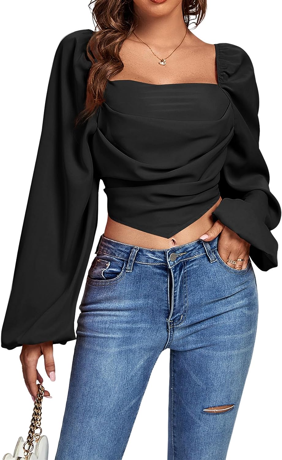 Black Long Sleeve Puff Lantern Sleeve Top