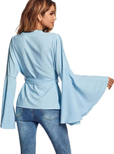 Load image into Gallery viewer, Cream Belted Wrap Style Bell Sleeve Top